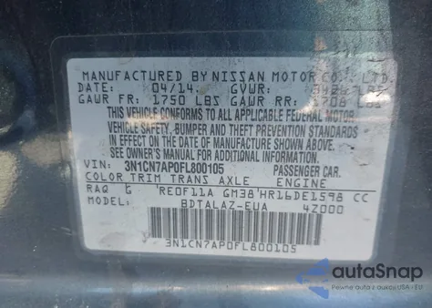 2015 Nissan Versa 1.6 S+ z USA, uszkodzony, nr VIN 3N1CN7AP0FL800105